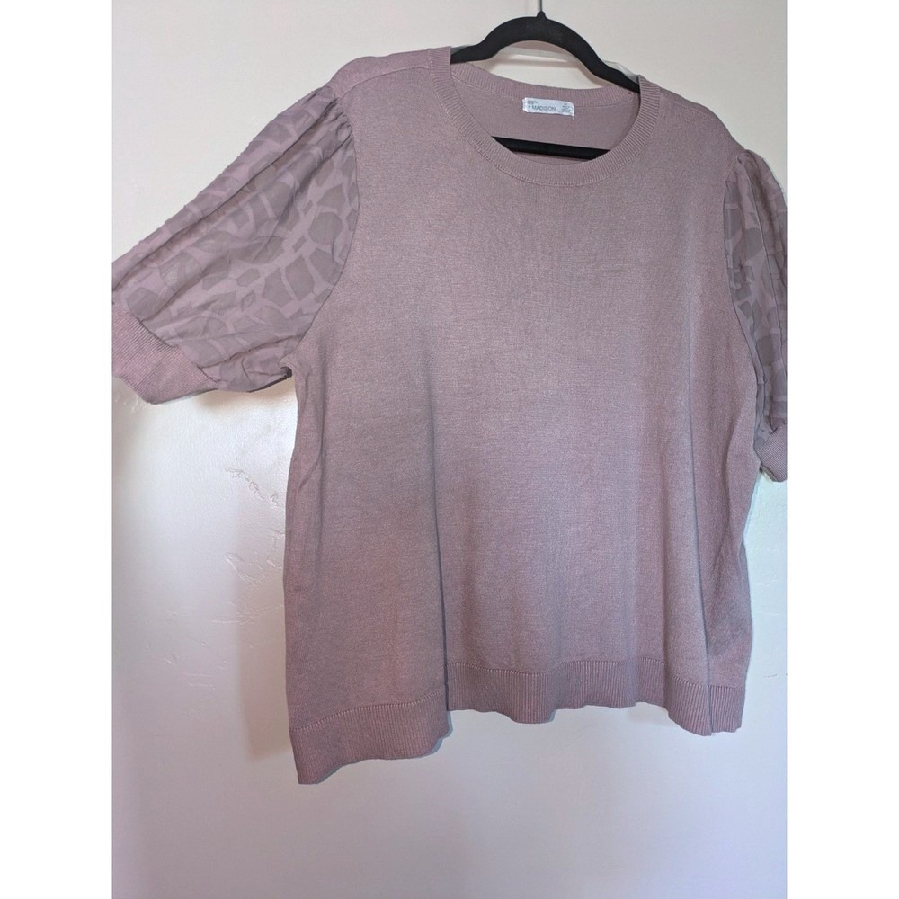89th + Madison Knit Top Womens 2X Mauve Sheer Puff Sleeve Crew Neck Sweater